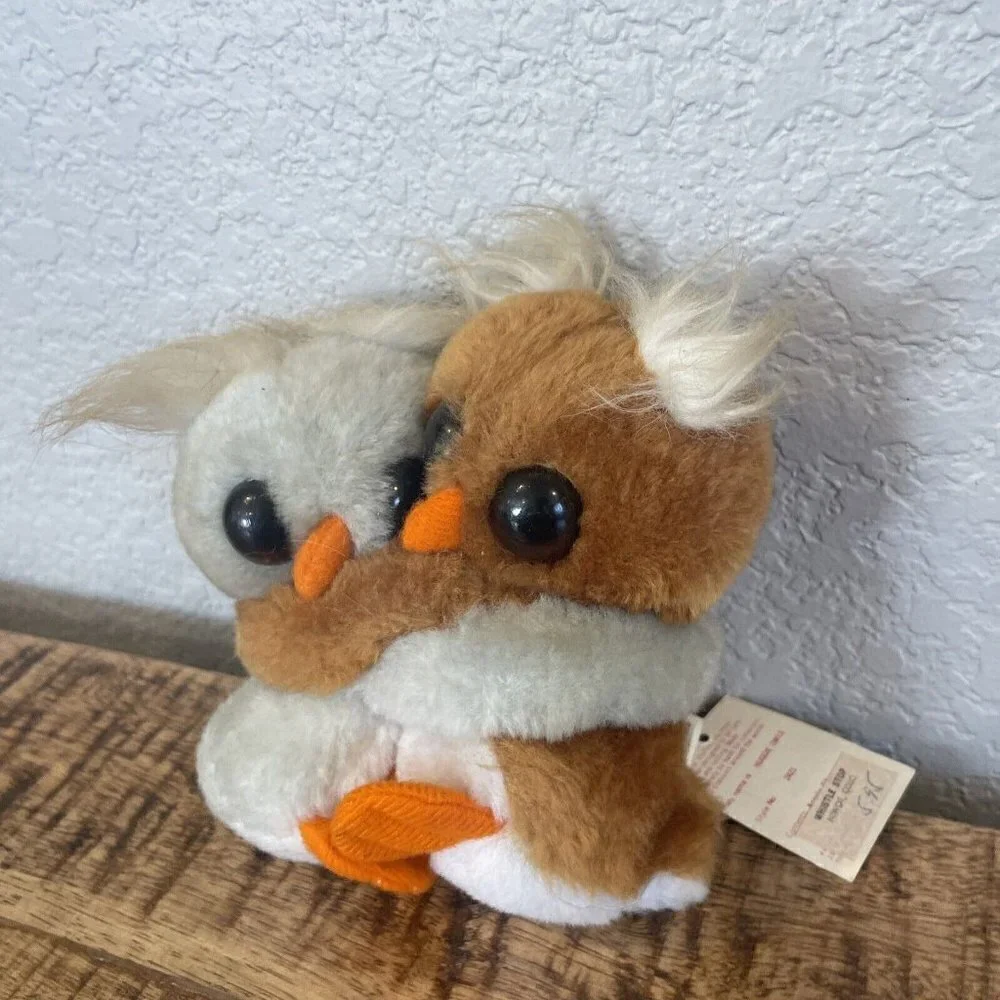 Vintage Kamar Owl Pair Hugging Plush Fall Small Stuffed Animals Brown & Gray Tag